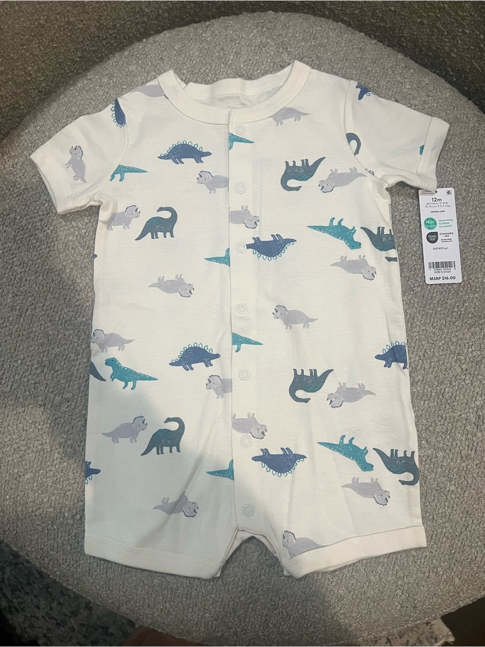 Carter's White Short-Sleeve One-Piece with Blue & Teal Dino Print